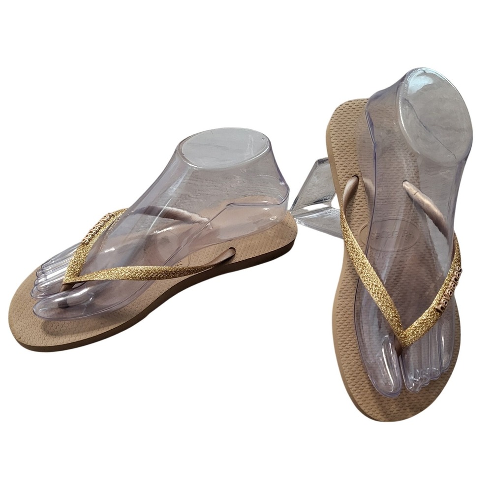 Havaianas Slim Sparkle Flip Flops Gold Glitter Casual Beach US 7/8 EUR 39/40